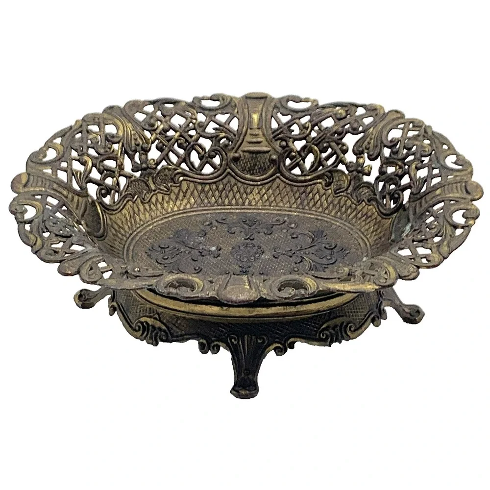 Brass Patina Ornate Reticulated Oval 2pc Basket Base Potmetal Italy CT7 Vtg 60s